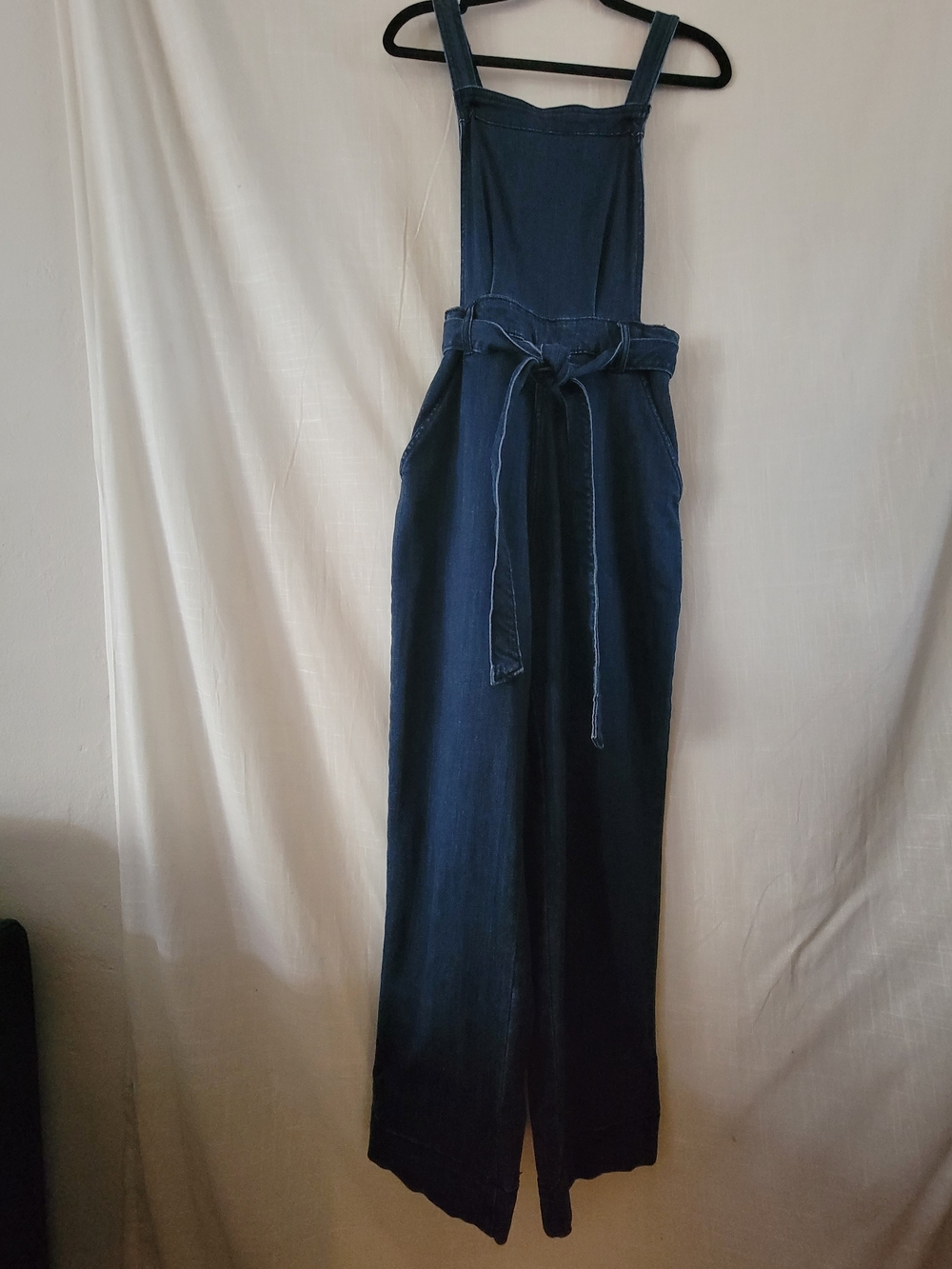 Universal Thread Dark Blue Denim Wide-Leg Overalls with Tie Belt